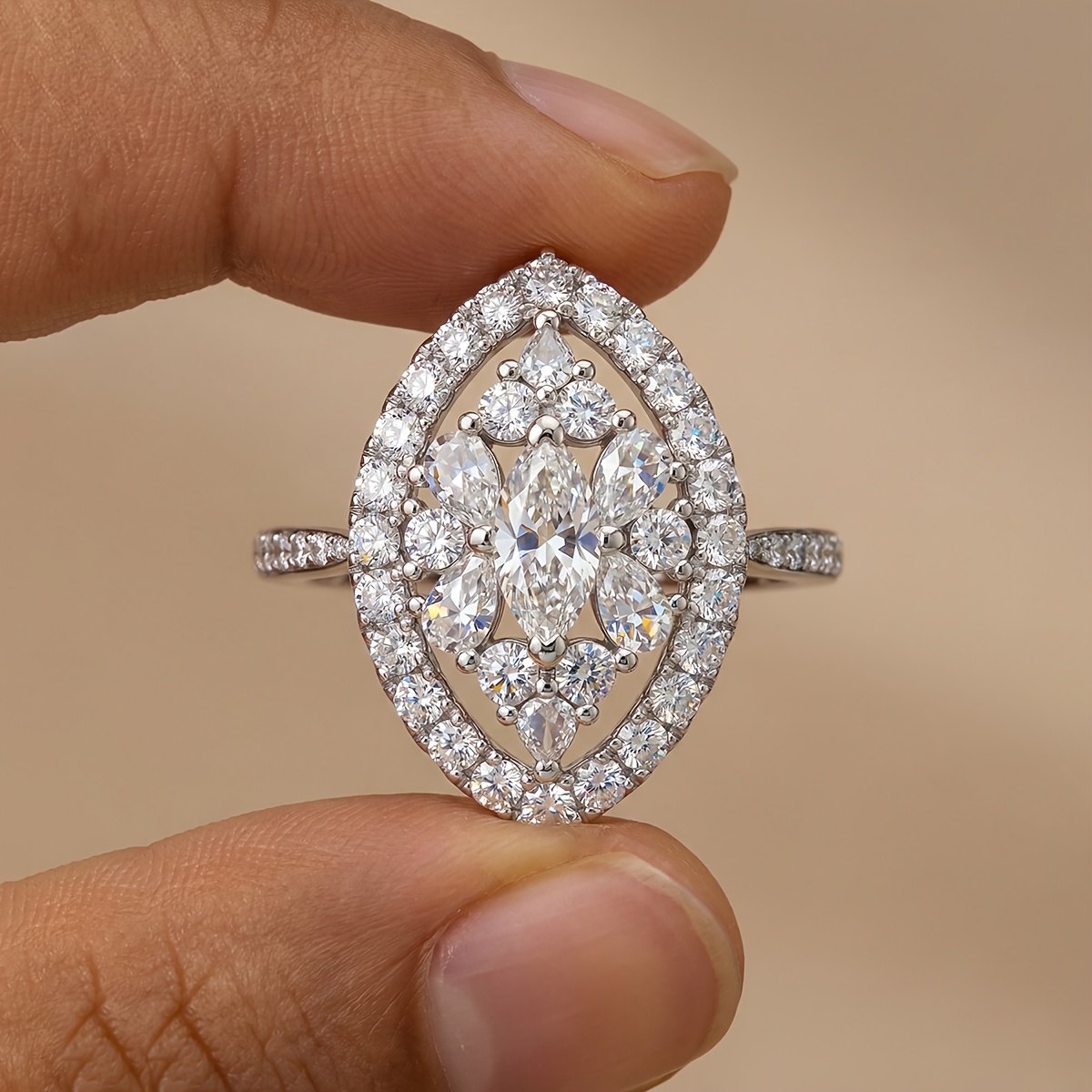 Women's Exquisite Marquise Geometric Floral Ring, Elegant Gift